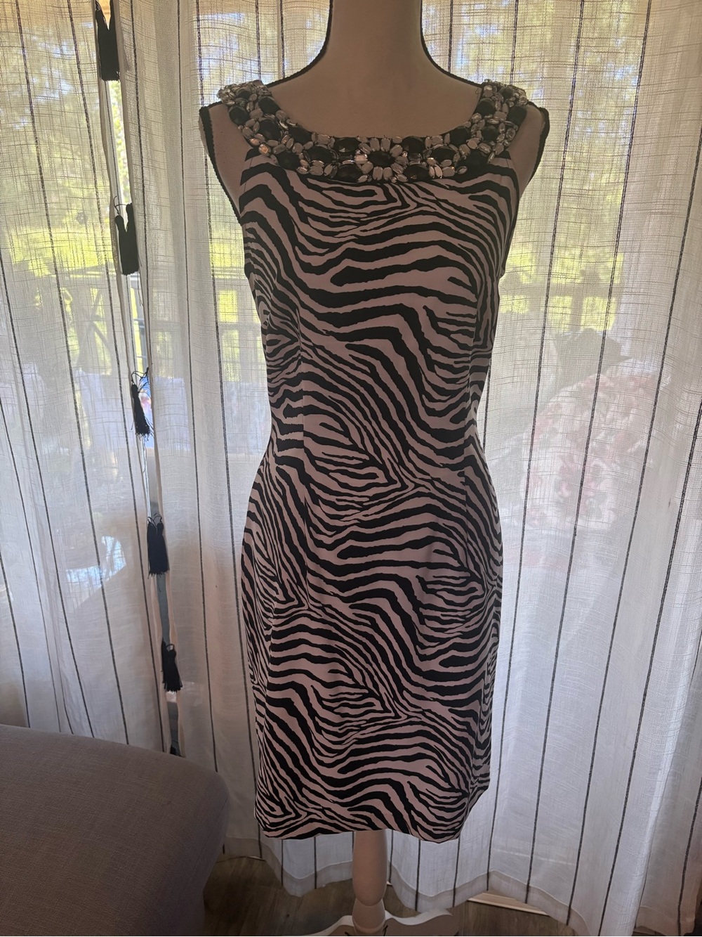 connected apparel Zebra-Print Mini Dress with Beaded Neckline - Black & White